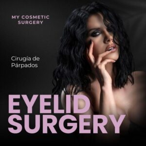 A glamorous woman with dark wavy hair posing elegantly, promoting eyelid surgery (blepharoplasty) at My Cosmetic Surgery Miami.