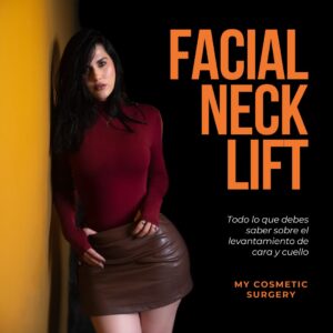 A woman in a burgundy top and brown skirt posing confidently against a yellow wall, representing rejuvenation and elegance after a facial and neck lift procedure at My Cosmetic Surgery Miami.