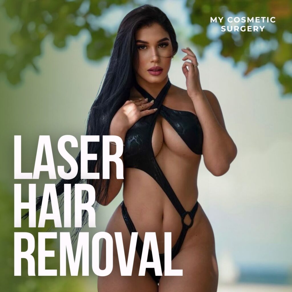 A confident woman in a black swimsuit outdoors, symbolizing smooth, flawless skin achieved through professional laser hair removal treatments at My Cosmetic Surgery Miami.