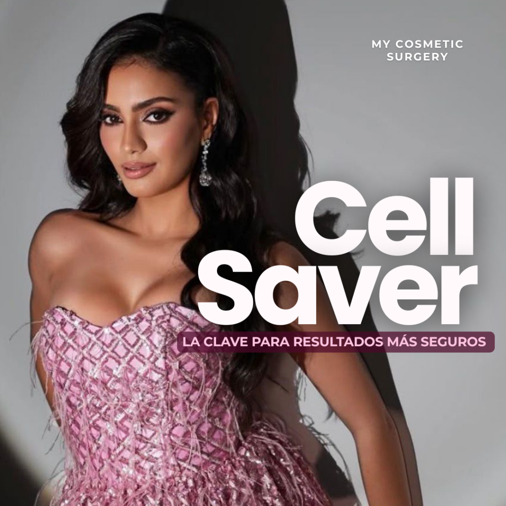 Elegant woman in a pink dress promoting Cell Saver technology for safer cosmetic surgery at My Cosmetic Surgery Miami.