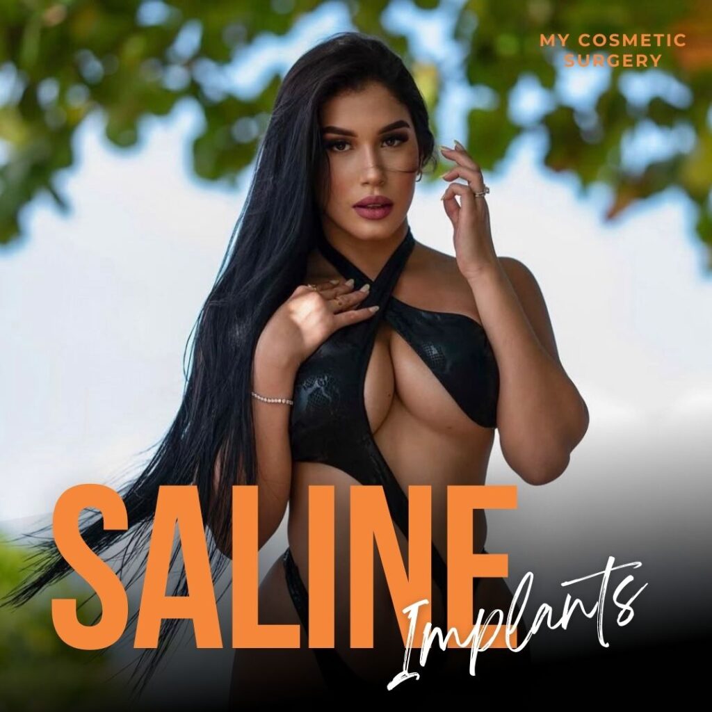 Woman with long dark hair posing outdoors, promoting saline breast implants at My Cosmetic Surgery Miami.