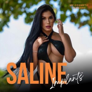 Woman with long dark hair posing outdoors, promoting saline breast implants at My Cosmetic Surgery Miami.