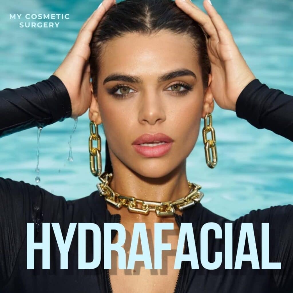 Woman with glowing, hydrated skin promoting HydraFacial and microdermabrasion treatments at My Cosmetic Surgery Miami.